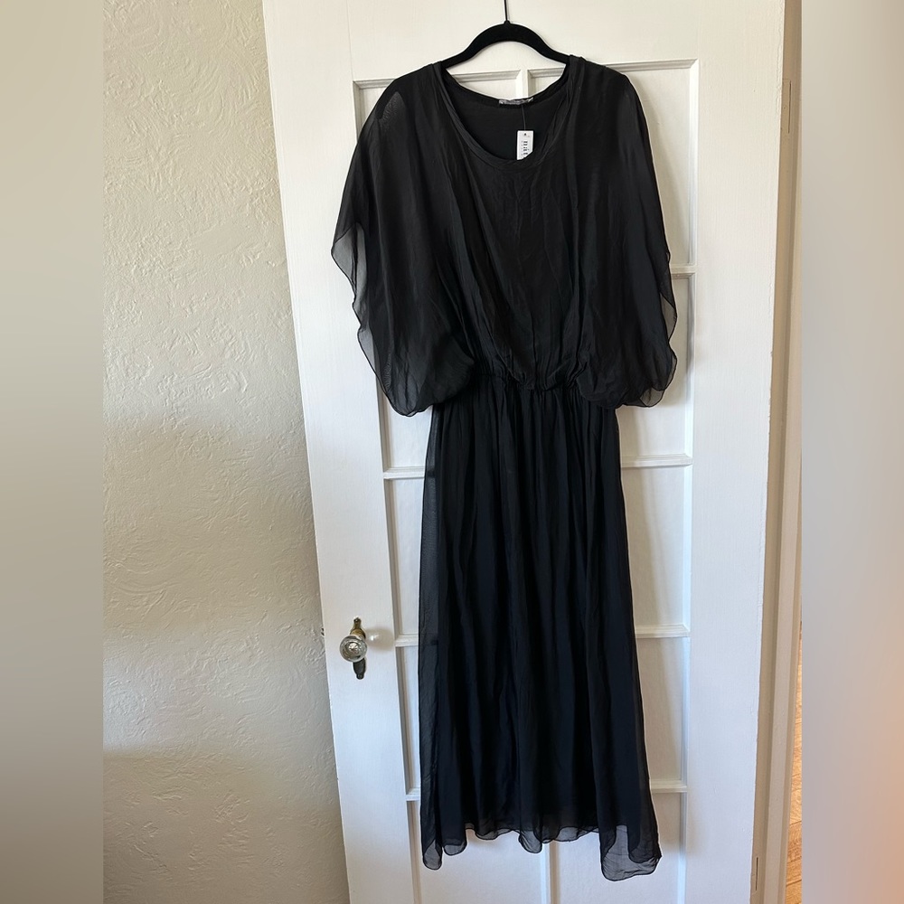 New Nati Silk Organza Sheer Layered Black Dress One Size Made in Italy